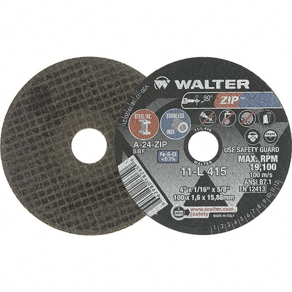 WALTER Surface Technologies - 4" 24 Grit Aluminum Oxide Cutoff Wheel - 1/16" Thick, 5/8" Arbor, 19,100 Max RPM, Use with Die Grinders - Exact Tooling