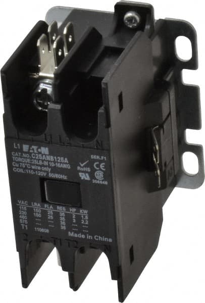 Eaton Cutler-Hammer - 1 Pole, 25 Amp Inductive Load, 110 to 120 Coil VAC at 50/60 Hz, Nonreversible Definite Purpose Contactor - Exact Tooling