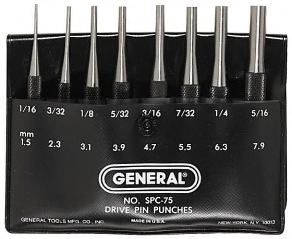 General - 8 Piece, 1/16 to 5/16", Pin Punch Set - Comes in Plastic Case - Exact Tooling