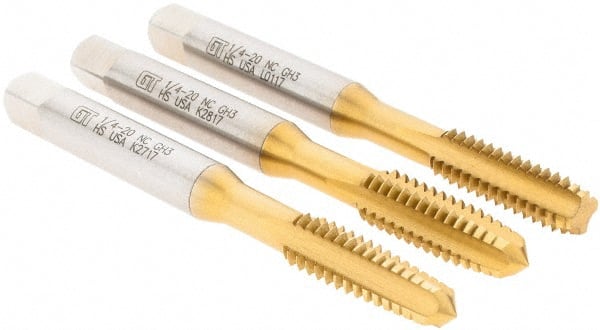 Vermont Tap & Die - 1/4-20 UNC, 4 Flute, Bottoming, Plug & Taper, TiN Finish, High Speed Steel Tap Set - Right Hand Cut, 2-1/2" OAL, 1" Thread Length, 2/3B Class of Fit, Series TN3105 - Exact Tooling
