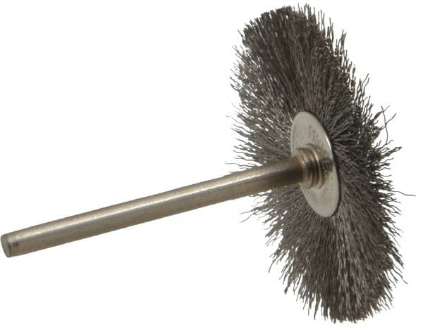 Anderson - 1-1/2" OD, 1/8" Shank Diam, Crimped Stainless Steel Wheel Brush - 0.005" Filament Diam, 25,000 RPM - Exact Tooling
