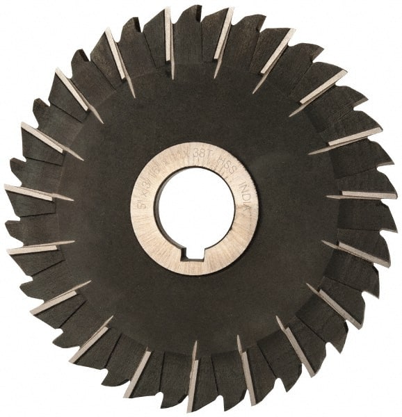Value Collection - 5" Blade Diam x 3/16" Blade Thickness, 1" Hole, 38 Teeth, High Speed Steel Side Chip Saw - Staggered Tooth, Arbor Connection, Right Hand Cut, Uncoated, with Keyway - Exact Tooling