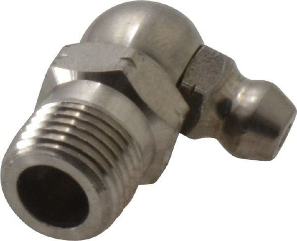 Alemite - 90° Head Angle, 1/8 PTF Nickel/Copper Standard Grease Fitting - 7/16" Hex, 7/8" Overall Height, 11/32" Shank Length - Exact Tooling
