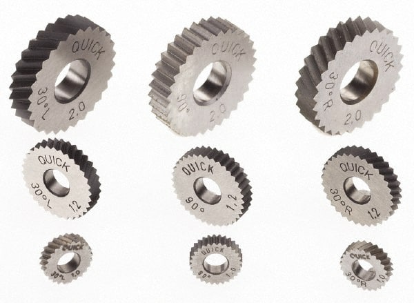 Value Collection - 9/16" Diam, 30° Tooth Angle, 21 TPI, Standard (Shape), Cut Type Powdered Metal High Speed Steel Right-Hand Diagonal Knurl Wheel - 0.118" Face Width, Circular Pitch, 30° Helix, Bright Finish - Exact Tooling