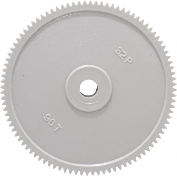 Made in USA - 32 Pitch, 3" Pitch Diam, 3-1/16" OD, 96 Tooth Spur Gear - 3/16" Face Width, 5/16" Bore Diam, 13/16" Hub Diam, 20° Pressure Angle, Acetal - Exact Tooling