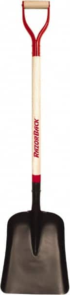 Razor-Back - 14-1/2" High x 11-1/2" Wide Square Steel Scoop - 34" Long Wood D-Grip Handle, No Step - Exact Tooling