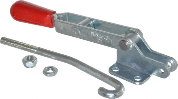 De-Sta-Co - 750 Lb Capacity, Horizontal, J Hook, Flanged Base, Carbon Steel Pull Action Latch Clamp - 5.38" Drawing Movement, 11.89" OAL, Straight Handle - Exact Tooling