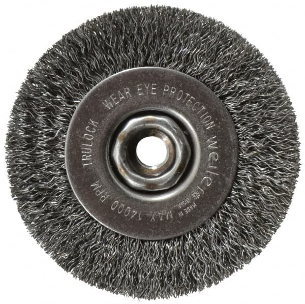 Weiler - 4" OD, 1/2-13 Arbor Hole, Crimped Steel Wheel Brush - 1/2" Face Width, 7/8" Trim Length, 0.014" Filament Diam, 14,000 RPM - Exact Tooling