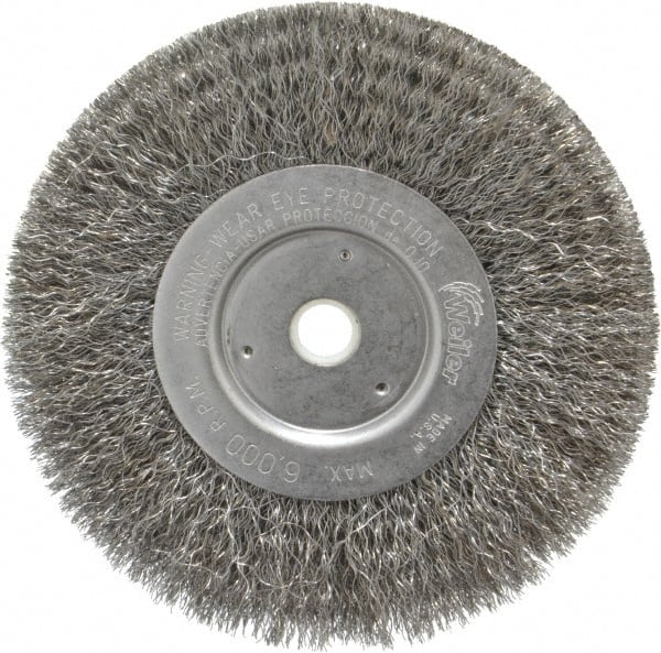 Weiler - 6" OD, 5/8" Arbor Hole, Crimped Steel Wheel Brush - 3/4" Face Width, 1-7/16" Trim Length, 0.0104" Filament Diam, 6,000 RPM - Exact Tooling