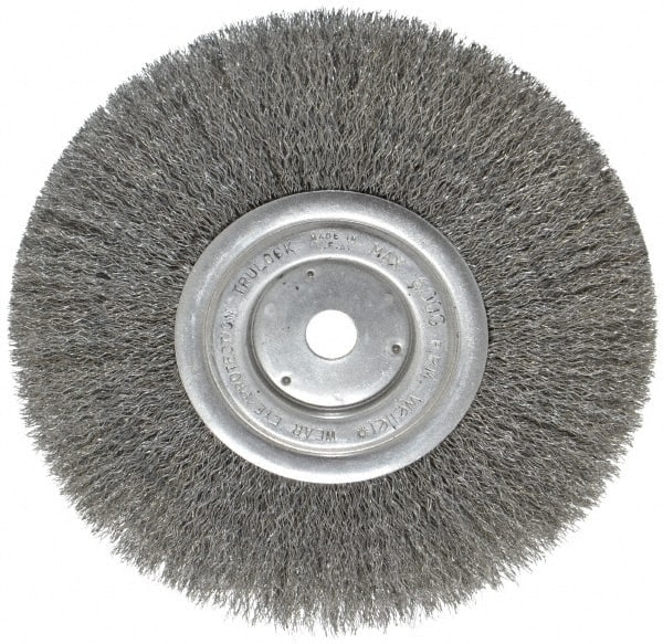 Weiler - 8" OD, 5/8" Arbor Hole, Crimped Steel Wheel Brush - 3/4" Face Width, 2-1/16" Trim Length, 0.0104" Filament Diam, 6,000 RPM - Exact Tooling