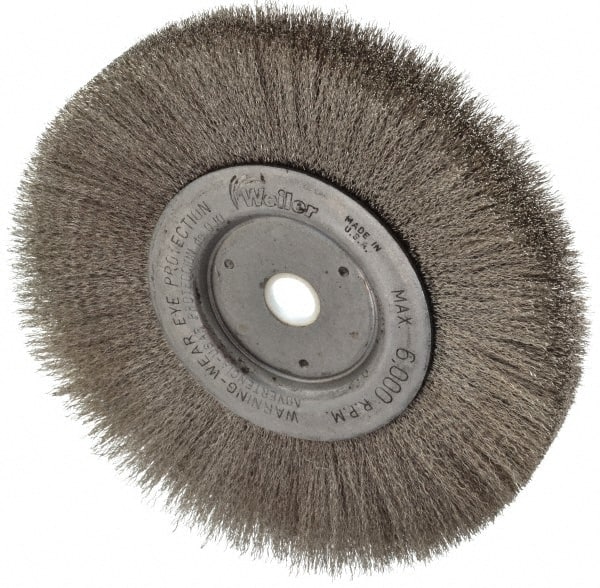 Weiler - 6" OD, 5/8" Arbor Hole, Crimped Stainless Steel Wheel Brush - 3/4" Face Width, 1-7/16" Trim Length, 0.006" Filament Diam, 6,000 RPM - Exact Tooling