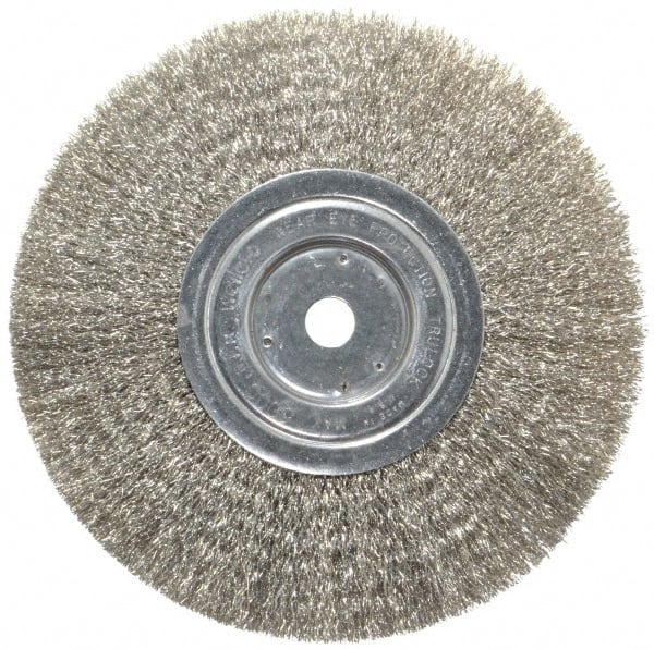 Weiler - 8" OD, 5/8" Arbor Hole, Crimped Stainless Steel Wheel Brush - 3/4" Face Width, 2-1/16" Trim Length, 0.0118" Filament Diam, 6,000 RPM - Exact Tooling