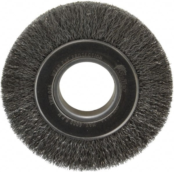 Weiler - 6" OD, 2" Arbor Hole, Crimped Steel Wheel Brush - 1" Face Width, 1-1/8" Trim Length, 0.0104" Filament Diam, 6,000 RPM - Exact Tooling