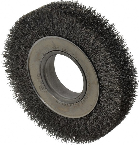 Weiler - 6" OD, 2" Arbor Hole, Crimped Steel Wheel Brush - 1-1/4" Face Width, 1-1/8" Trim Length, 0.0104" Filament Diam, 6,000 RPM - Exact Tooling