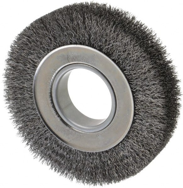 Weiler - 6" OD, 2" Arbor Hole, Crimped Steel Wheel Brush - 1-1/4" Face Width, 1-1/8" Trim Length, 0.0118" Filament Diam, 6,000 RPM - Exact Tooling