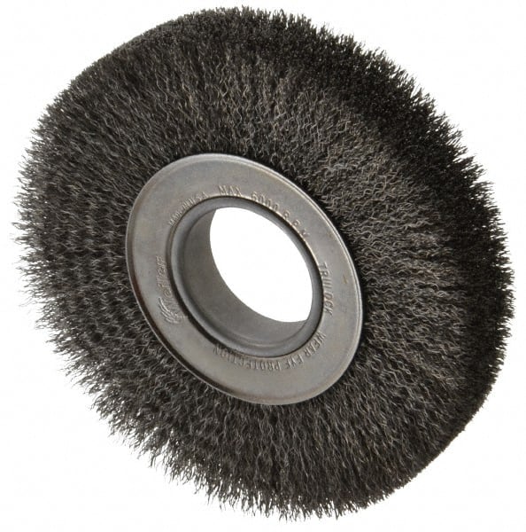 Weiler - 7" OD, 2" Arbor Hole, Crimped Steel Wheel Brush - 1-1/4" Face Width, 1-5/8" Trim Length, 0.0118" Filament Diam, 6,000 RPM - Exact Tooling
