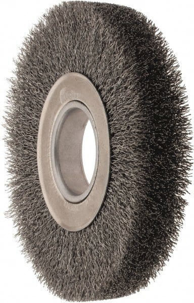 Weiler - 7" OD, 2" Arbor Hole, Crimped Steel Wheel Brush - 1-1/4" Face Width, 1-5/8" Trim Length, 0.014" Filament Diam, 6,000 RPM - Exact Tooling