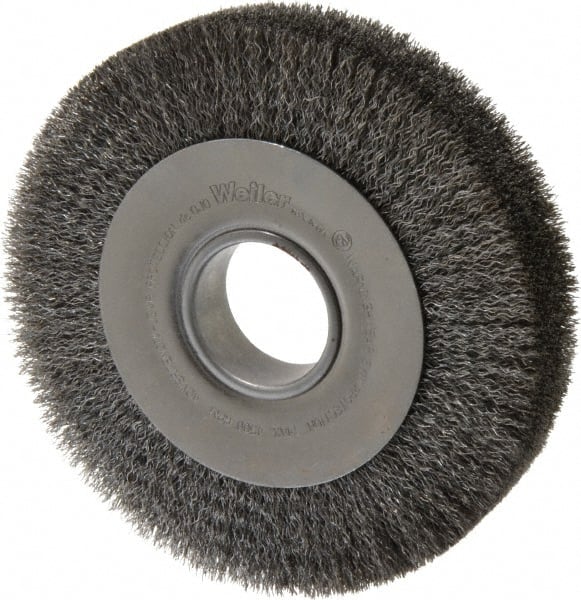 Weiler - 8" OD, 2" Arbor Hole, Crimped Steel Wheel Brush - 1-1/2" Face Width, 1-3/8" Trim Length, 0.0118" Filament Diam, 4,500 RPM - Exact Tooling