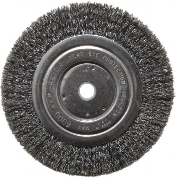 Weiler - 6" OD, 5/8" Arbor Hole, Crimped Steel Wheel Brush - 5/8" Face Width, 1-1/16" Trim Length, 0.014" Filament Diam, 6,000 RPM - Exact Tooling
