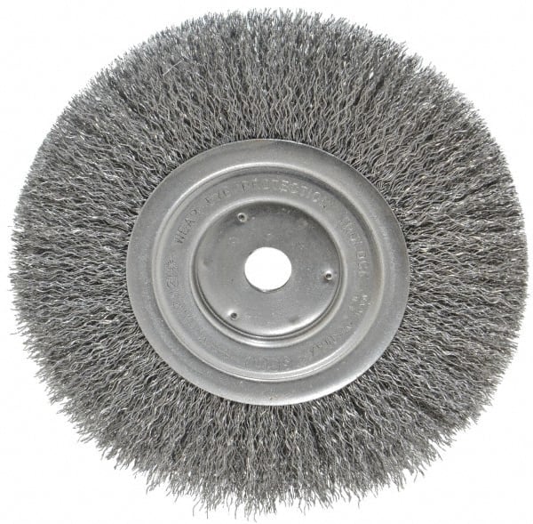 Weiler - 7" OD, 5/8" Arbor Hole, Crimped Steel Wheel Brush - 3/4" Face Width, 1-9/16" Trim Length, 0.014" Filament Diam, 6,000 RPM - Exact Tooling