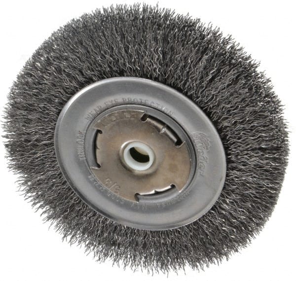 Weiler - 6" OD, 5/8" Arbor Hole, Crimped Steel Wheel Brush - 7/8" Face Width, 1-1/8" Trim Length, 0.014" Filament Diam, 6,000 RPM - Exact Tooling