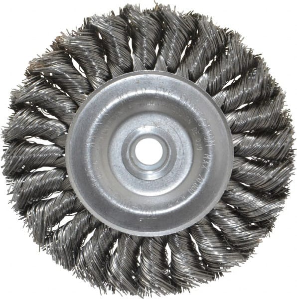 Weiler - 4" OD, 1/2" Arbor Hole, Knotted Steel Wheel Brush - 1/2" Face Width, 7/8" Trim Length, 0.014" Filament Diam, 20,000 RPM - Exact Tooling