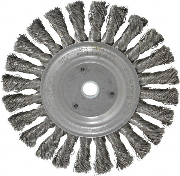 Weiler - 6" OD, 5/8" Arbor Hole, Knotted Steel Wheel Brush - 1/2" Face Width, 1-3/8" Trim Length, 0.0118" Filament Diam, 9,000 RPM - Exact Tooling