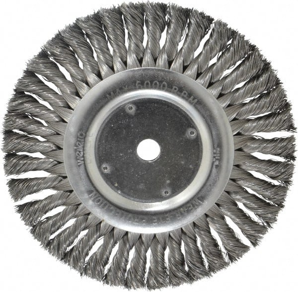Weiler - 8" OD, 5/8" Arbor Hole, Knotted Steel Wheel Brush - 5/8" Face Width, 1-5/8" Trim Length, 0.014" Filament Diam, 6,000 RPM - Exact Tooling