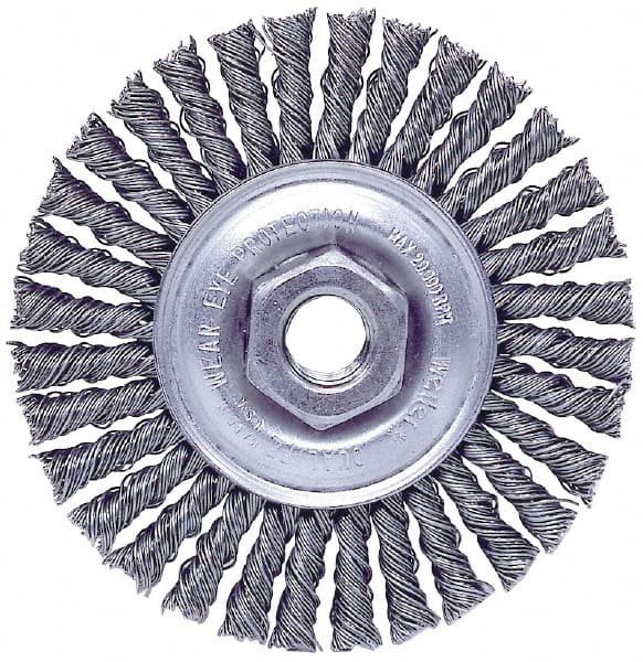 Weiler - 4" OD, M10x1.50 Arbor Hole, Knotted Steel Wheel Brush - 3/16" Face Width, 7/8" Trim Length, 0.02" Filament Diam, 20,000 RPM - Exact Tooling