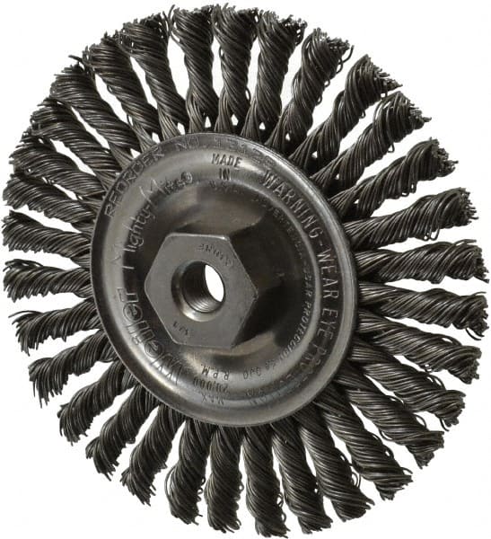 Weiler - 4" OD, 3/8-24 Arbor Hole, Knotted Steel Wheel Brush - 3/16" Face Width, 7/8" Trim Length, 0.02" Filament Diam, 20,000 RPM - Exact Tooling