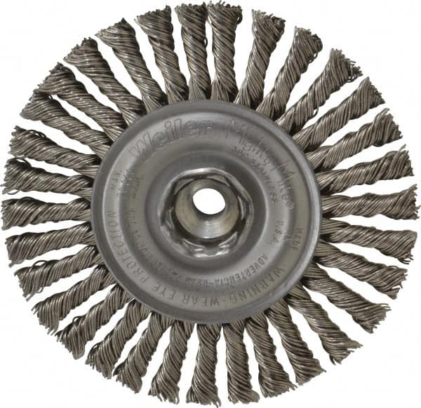 Weiler - 4" OD, 3/8-24 Arbor Hole, Knotted Stainless Steel Wheel Brush - 3/16" Face Width, 7/8" Trim Length, 0.02" Filament Diam, 20,000 RPM - Exact Tooling