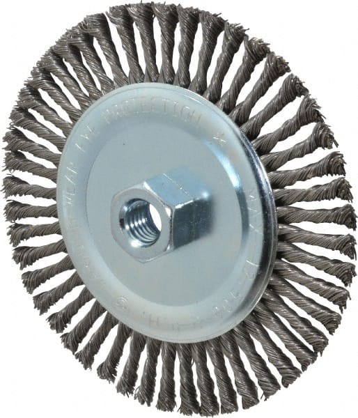 Weiler - 6" OD, 5/8-11 Arbor Hole, Knotted Steel Wheel Brush - 3/16" Face Width, 1-3/8" Trim Length, 0.02" Filament Diam, 12,500 RPM - Exact Tooling