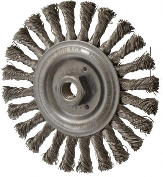Weiler - 6" OD, 5/8-11 Arbor Hole, Knotted Stainless Steel Wheel Brush - 1/2" Face Width, 1-3/8" Trim Length, 0.023" Filament Diam, 12,500 RPM - Exact Tooling