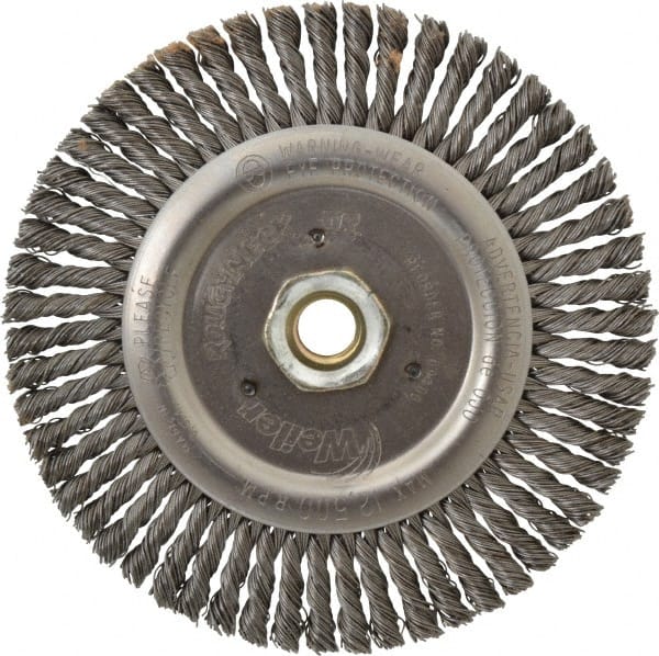 Weiler - 6" OD, 5/8-11 Arbor Hole, Knotted Steel Wheel Brush - 3/16" Face Width, 1-1/8" Trim Length, 0.02" Filament Diam, 12,500 RPM - Exact Tooling