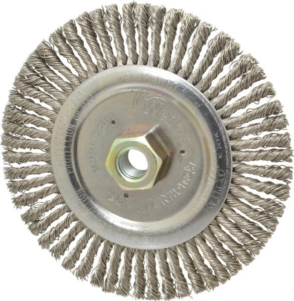 Weiler - 6" OD, 5/8-11 Arbor Hole, Knotted Stainless Steel Wheel Brush - 3/16" Face Width, 1-1/8" Trim Length, 0.02" Filament Diam, 12,500 RPM - Exact Tooling
