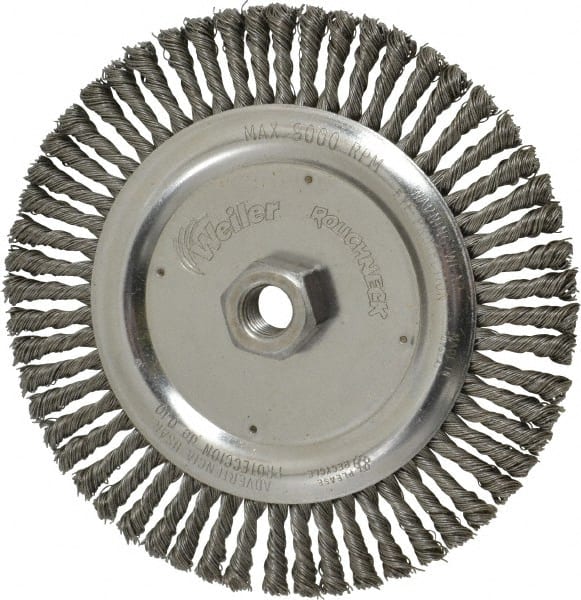 Weiler - 6-7/8" OD, 5/8-11 Arbor Hole, Knotted Steel Wheel Brush - 3/16" Face Width, 1-1/8" Trim Length, 0.02" Filament Diam, 9,000 RPM - Exact Tooling