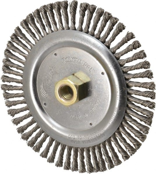 Weiler - 6-7/8" OD, 5/8-11 Arbor Hole, Knotted Stainless Steel Wheel Brush - 3/16" Face Width, 1-1/8" Trim Length, 0.02" Filament Diam, 9,000 RPM - Exact Tooling