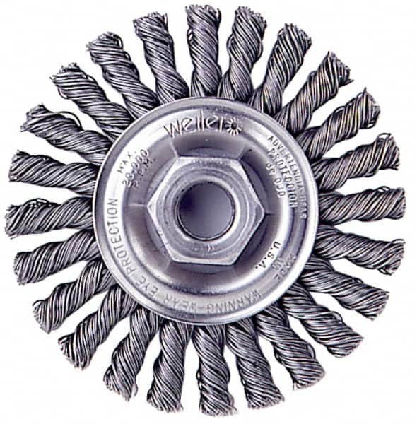 Weiler - 4" OD, 1/2-13 Arbor Hole, Knotted Stainless Steel Wheel Brush - 1/4" Face Width, 0.02" Filament Diam, 20,000 RPM - Exact Tooling