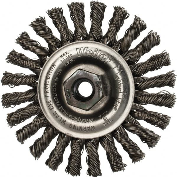 Weiler - 4" OD, M10x1.25 Arbor Hole, Knotted Steel Wheel Brush - 1/4" Face Width, 7/8" Trim Length, 0.02" Filament Diam, 20,000 RPM - Exact Tooling