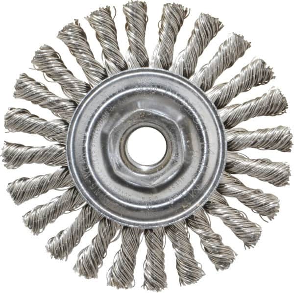 Weiler - 4" OD, 5/8-11 Arbor Hole, Knotted Stainless Steel Wheel Brush - 1/4" Face Width, 7/8" Trim Length, 0.02" Filament Diam, 20,000 RPM - Exact Tooling