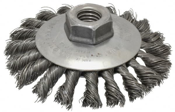 Weiler - 4" OD, 5/8-11 Arbor Hole, Knotted Steel Wheel Brush - 3/8" Face Width, 3/4" Trim Length, 0.014" Filament Diam, 12,500 RPM - Exact Tooling