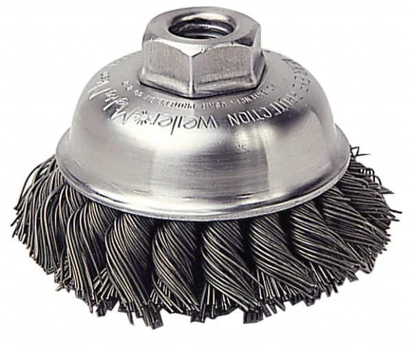 Weiler - 6" Diam, 5/8-11 Threaded Arbor, Steel Fill Cup Brush - 0.014 Wire Diam, 1-5/8" Trim Length, 6,000 Max RPM - Exact Tooling