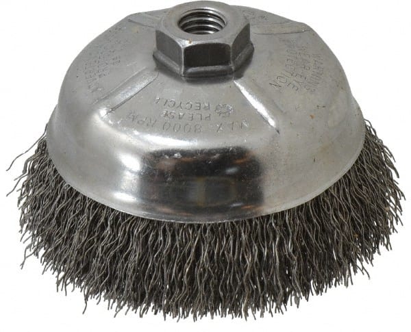 Weiler - 5" Diam, 5/8-11 Threaded Arbor, Steel Fill Cup Brush - 0.02 Wire Diam, 1-1/4" Trim Length, 8,000 Max RPM - Exact Tooling