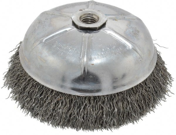 Weiler - 6" Diam, 5/8-11 Threaded Arbor, Steel Fill Cup Brush - 0.02 Wire Diam, 1-1/4" Trim Length, 6,600 Max RPM - Exact Tooling