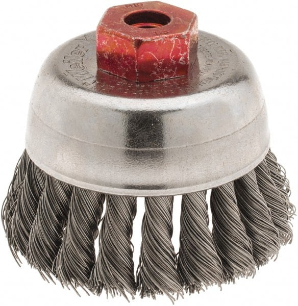 Weiler - 2-3/4" Diam, M10x1.50 Threaded Arbor, Steel Fill Cup Brush - 0.014 Wire Diam, 7/8" Trim Length, 14,000 Max RPM - Exact Tooling