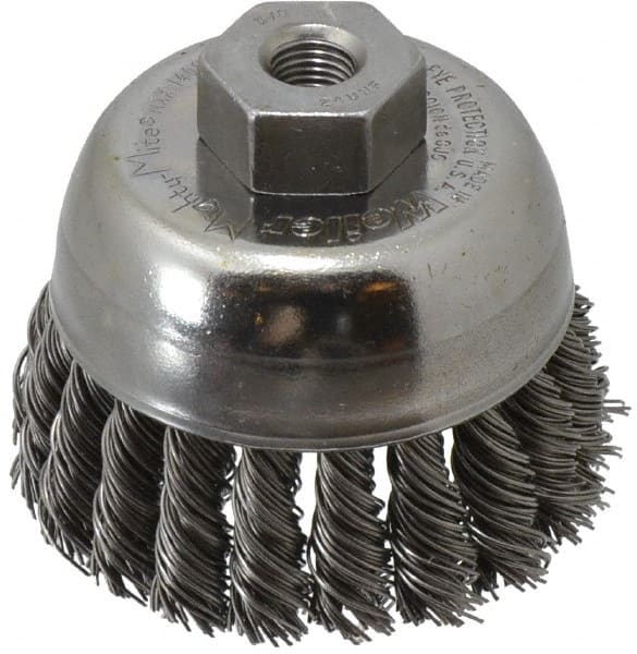 Weiler - 2-3/4" Diam, 3/8-24 Threaded Arbor, Steel Fill Cup Brush - 0.02 Wire Diam, 7/8" Trim Length, 14,000 Max RPM - Exact Tooling
