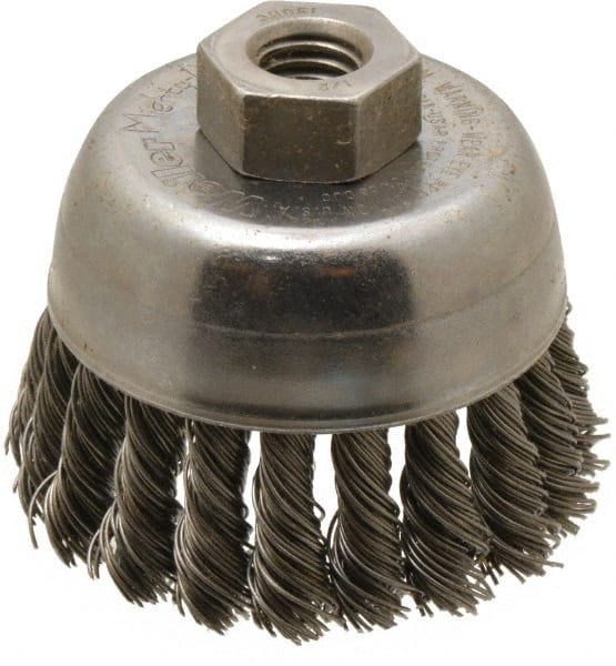 Weiler - 2-3/4" Diam, 1/2-13 Threaded Arbor, Steel Fill Cup Brush - 0.02 Wire Diam, 7/8" Trim Length, 14,000 Max RPM - Exact Tooling