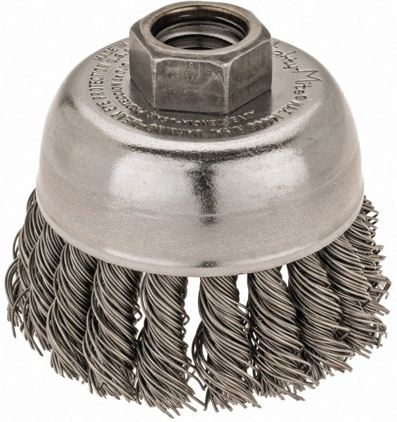 Weiler - 2-3/4" Diam, 5/8-11 Threaded Arbor, Steel Fill Cup Brush - 0.02 Wire Diam, 7/8" Trim Length, 14,000 Max RPM - Exact Tooling