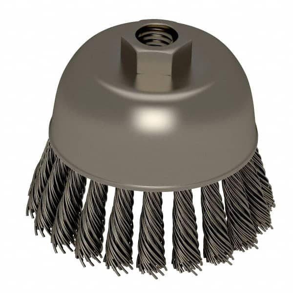 Weiler - 2-3/4" Diam, 5/8-11 Threaded Arbor, Stainless Steel Fill Cup Brush - 0.02 Wire Diam, 7/8" Trim Length, 14,000 Max RPM - Exact Tooling