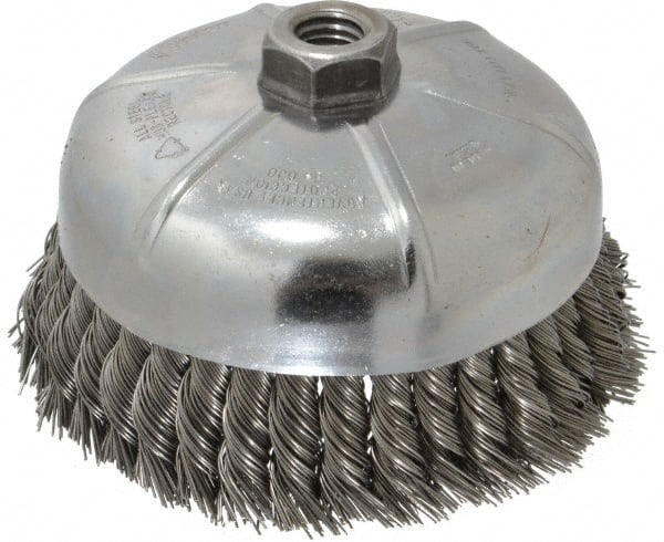 Weiler - 6" Diam, 5/8-11 Threaded Arbor, Steel Fill Cup Brush - 0.023 Wire Diam, 1-3/8" Trim Length, 6,600 Max RPM - Exact Tooling